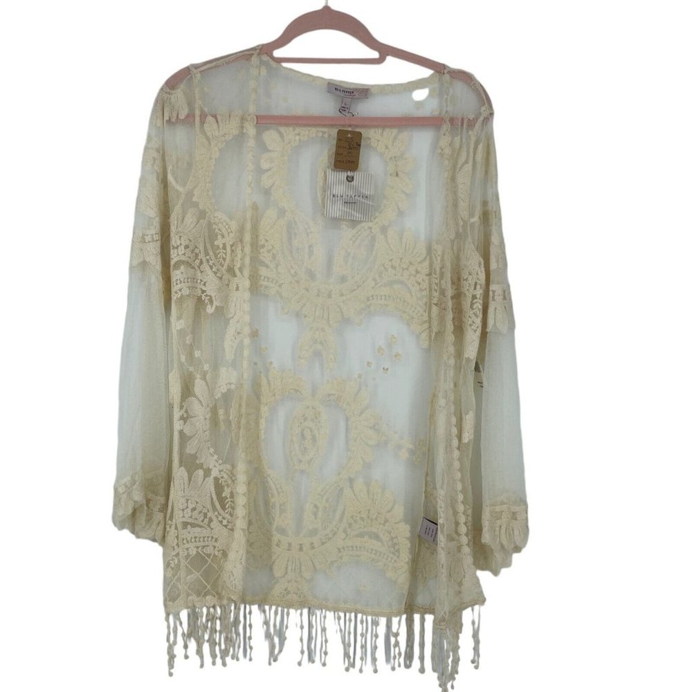 NWT Blu Pepper Boho Fringed Embroidered Lace Kimono sz M Beach Swim Cover Cream